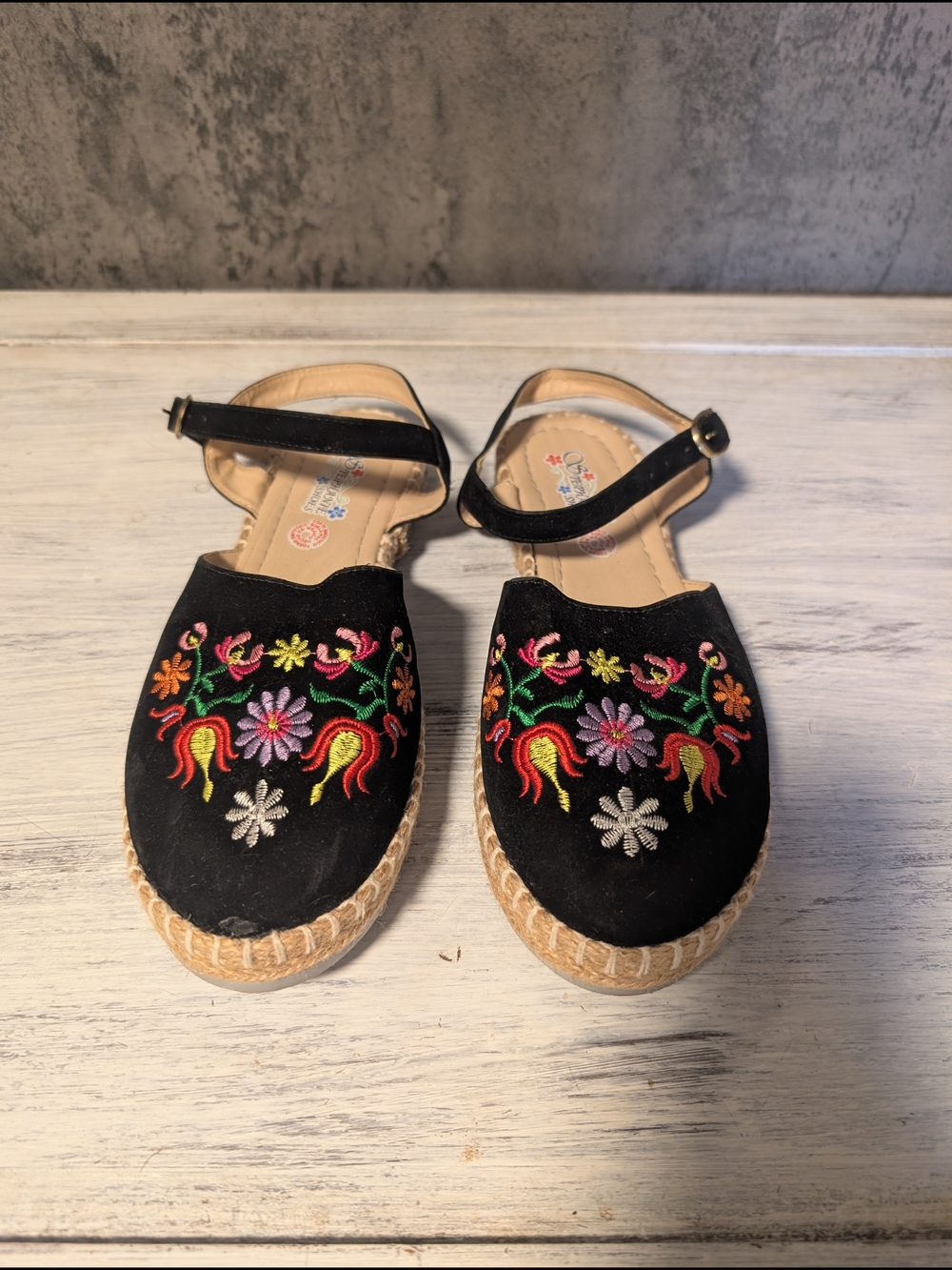 Black Embroidered Espadrille Flats with Ankle Strap